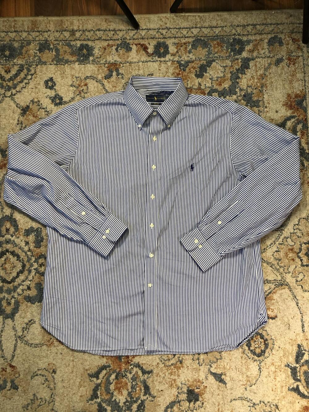 Ralph Lauren Dress Shirt Mens 17.5 36/37 Blue Pinstripe Classic Fit Easy Care
